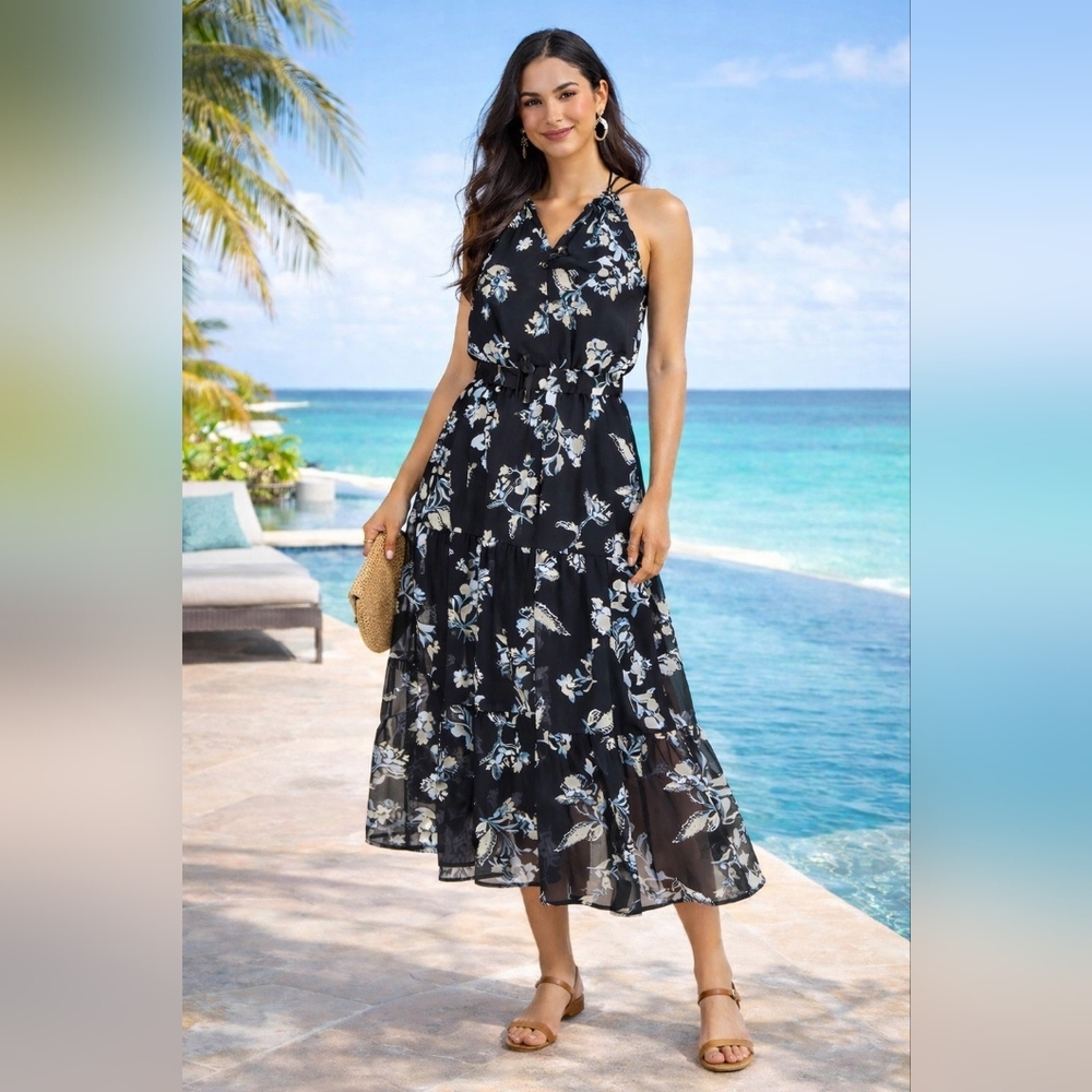 NWT Wallflower Black Floral Chiffon Halter Tiered Maxi Dress Size L